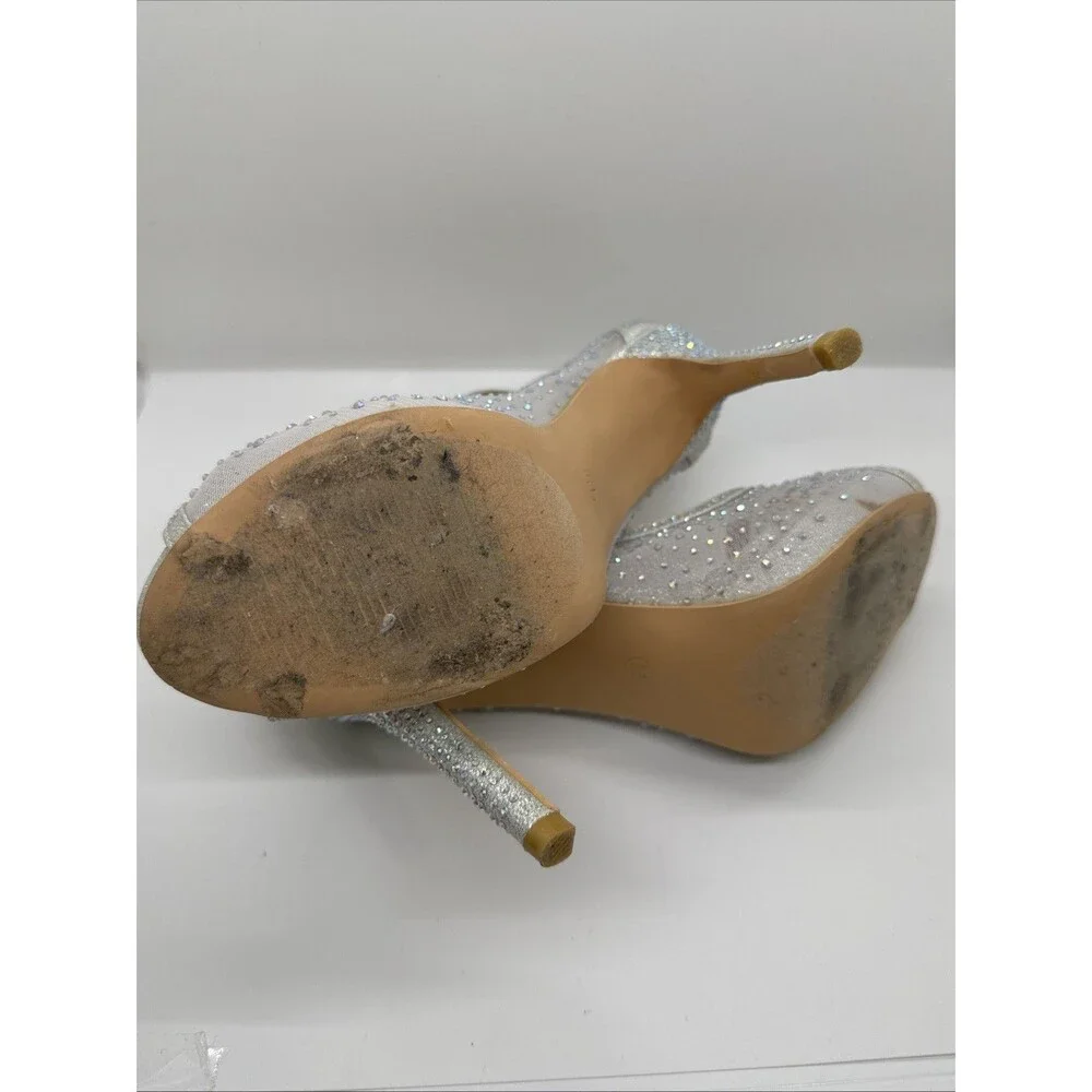 Bella Luna Silver Mesh Jeweled Heel Stiletto narrow Open Toe Shoes Size 7.5